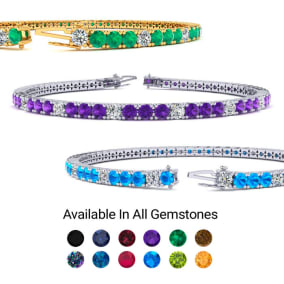 4 Carat Gemstone and Diamond Alternating Tennis Bracelet In 14 Karat White, Yellow and Rose Gold Available In 6-9 Inch Lengths