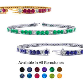 5 Carat Gemstone and Diamond Alternating Tennis Bracelet In 14 Karat White and Yellow Gold Available In 6-9 Inch Lengths