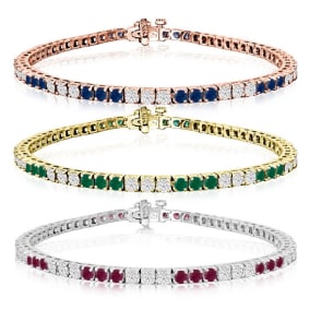 5 Carat Gemstone and Diamond Tennis Bracelet In 14 Karat White, Yellow and Rose Gold Available In 6-9 Inch Lengths