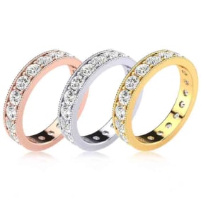 Eternity Ring Size 4-9.5, 1 Carat Round Diamond Milgrain Eternity Ring In 14K White Gold, Yellow Gold, Rose Gold and Platinum