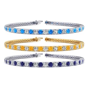 5 Carat Gemstone and Diamond Mens Tennis Bracelet In 14 Karat White, Yellow and Rose Gold Available In 7.5-9 Inch Lengths