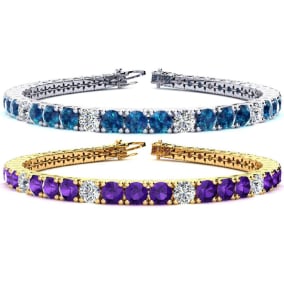 14 1/2 Carat Natural Gemstone and Diamond Alternating Mens Tennis Bracelet In 14 Karat White and Yellow Gold Available In 7.5-9 Inch Lengths