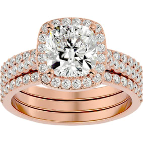 Moissanite Engagement Ring; 3 1/4 Carat Cushion Cut Halo Moissanite Bridal Set In 14 Karat Rose Gold