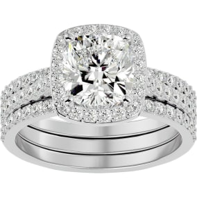 3 1/4 Carat Cushion Cut Halo Moissanite Bridal Set In 14 Karat White Gold