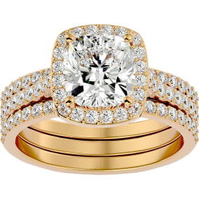 Moissanite Engagement Ring; 3 1/4 Carat Cushion Cut Halo Moissanite Bridal Set In 14 Karat Yellow Gold