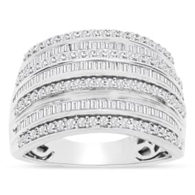 1 Carat Baguette and Round Colorless Diamond Band Ring In Sterling Silver