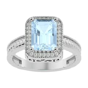 2 1/2 Carat Antique Style Aquamarine and Diamond Ring in 14 Karat White Gold