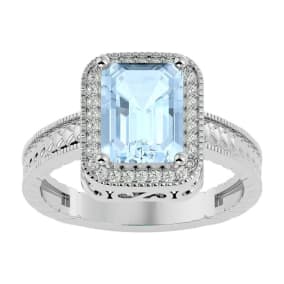 Aquamarine Ring: Aquamarine Jewelry: 2 1/2 Carat Antique Style Aquamarine and Diamond Ring in 14 Karat White Gold