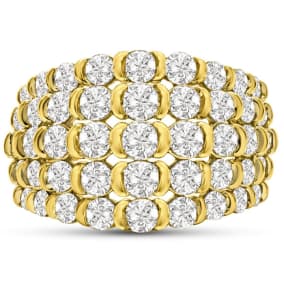 2 Carat Five Row Diamond Ring In Yellow Gold. Fabulous Wide Fiery Diamond Band Ring.