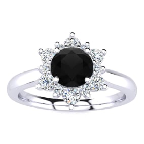 1 1/2 Carat Round Shape Flower Halo Black Moissanite Engagement Ring In 14K White Gold
