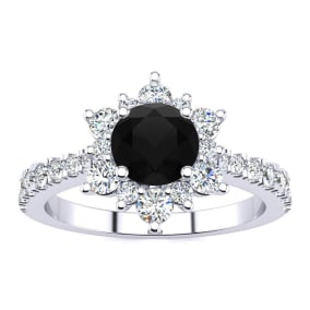 2 Carat Round Shape Flower Halo Black Moissanite Engagement Ring In 14K White Gold