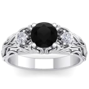 1 1/4 Carat Round Shape Black Moissanite Intricate Vine Engagement Ring In 14 Karat White Gold