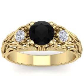 1 1/4 Carat Round Shape Black Moissanite Intricate Vine Engagement Ring In 14 Karat Yellow Gold