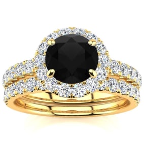 2 Carat Round Black Moissanite Halo Bridal Set In 14 Karat Yellow Gold