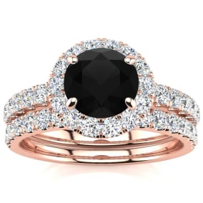 2 Carat Round Black Moissanite Halo Bridal Set In 14 Karat Rose Gold
