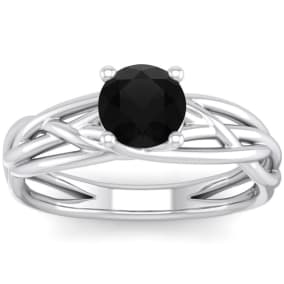1 Carat Round Black Moissanite Solitaire Intricate Vine Engagement Ring In 14 Karat White Gold