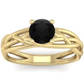 1 Carat Round Black Moissanite Solitaire Intricate Vine Engagement Ring In 14 Karat Yellow Gold