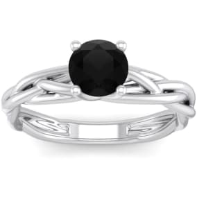 1 Carat Round Black Moissanite Solitaire Intricate Vine Engagement Ring With Tapered Band In 14 Karat White Gold