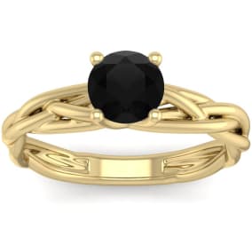 1 Carat Round Black Moissanite Solitaire Intricate Vine Engagement Ring With Tapered Band In 14 Karat Yellow Gold