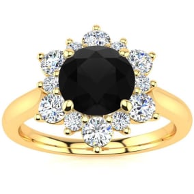 3/4 Carat Round Shape Flower Halo Black Moissanite Engagement Ring In 14K Yellow Gold