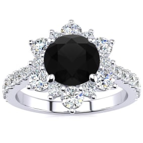 1 Carat Round Shape Flower Halo Black Moissanite Engagement Ring In 14K White Gold