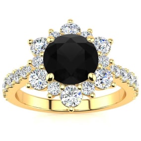 1 Carat Round Shape Flower Halo Black Moissanite Engagement Ring In 14K Yellow Gold