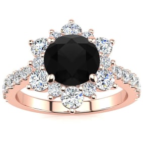 1 Carat Round Shape Flower Halo Black Moissanite Engagement Ring In 14K Rose Gold