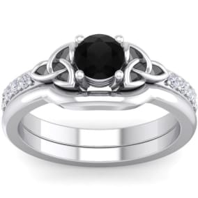 1/2 Carat Round Black Moissanite Claddagh Bridal Set In 14 Karat White Gold