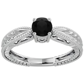 1/2 Carat Black Moissanite Solitaire Engagement Ring with Tapered Etched Band In 14 Karat White Gold
