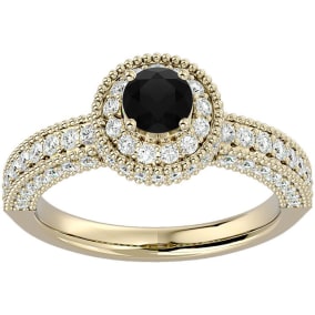 1 1/2 Carat Black Moissanite Halo Engagement Ring In 14 Karat Yellow Gold