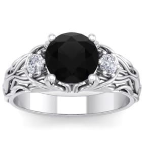 2 1/4 Carat Round Shape Black Moissanite Intricate Vine Engagement Ring In 14 Karat White Gold