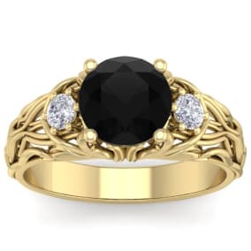 2 1/4 Carat Round Shape Black Moissanite Intricate Vine Engagement Ring In 14 Karat Yellow Gold