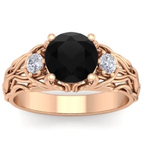 2 1/4 Carat Round Shape Black Moissanite Intricate Vine Engagement Ring In 14 Karat Rose Gold