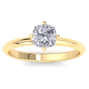 1 Carat Cushion Cut Diamond Solitaire Engagement Ring In 14K Yellow Gold With North South Prongs