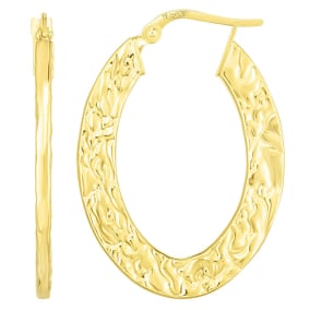 14 Karat Yellow Gold Hammered Hoop Earrings, 1 Inch