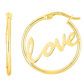 14 Karat Yellow Gold Love Hoop Earrings, 1 Inch
