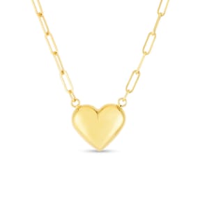14 Karat Yellow Gold Puffed Heart Paperclip Chain Necklace, 18 Inches