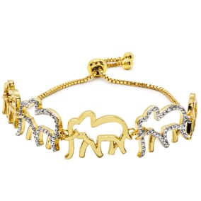 Diamond Accent Elephant Adjustable Bolo Bracelet In Yellow Gold Overlay, 7-10 Inches
