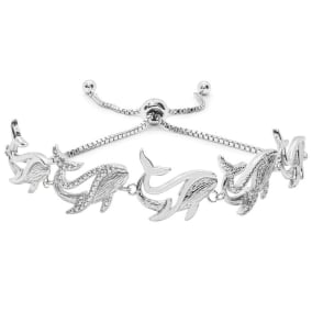 Diamond Accent Whale Adjustable Bolo Bracelet In Platinum Overlay, 7-10 Inches