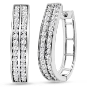1ct Diamond Two Row Hoop Earrings In Sterling Silver, 3/4 Inch