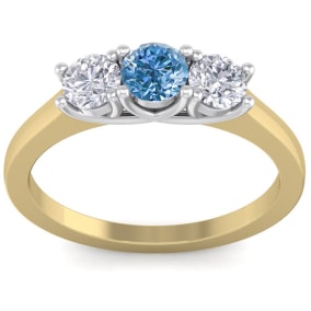 1 Carat Blue Diamond Three Diamond Ring In 14 Karat Yellow Gold