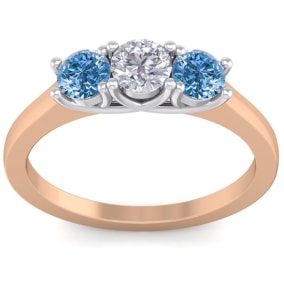 1 Carat White and Blue Diamond Three Diamond Ring In 14 Karat Rose Gold