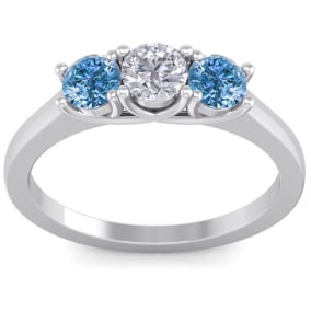 1 Carat White and Blue Diamond Three Diamond Ring In 14 Karat White Gold