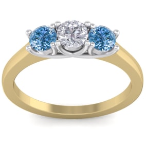 1 Carat White and Blue Diamond Three Diamond Ring In 14 Karat Yellow Gold
