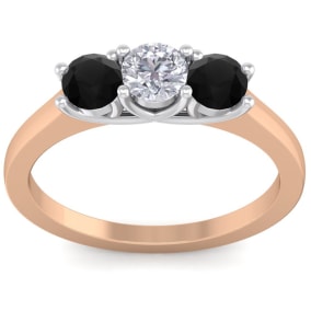 1 Carat White and Black Diamond Three Diamond Ring In 14 Karat Rose Gold