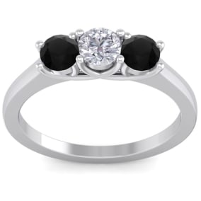 1 Carat White and Black Diamond Three Diamond Ring In 14 Karat White Gold