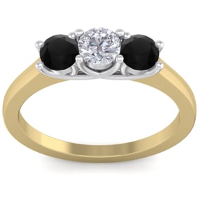 1 Carat White and Black Diamond Three Diamond Ring In 14 Karat Yellow Gold