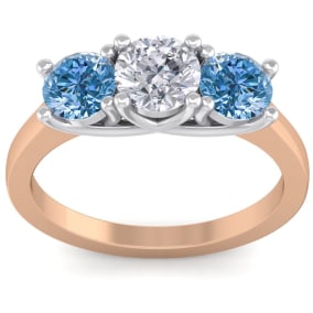 2 Carat White and Blue Diamond Three Diamond Ring In 14 Karat Rose Gold