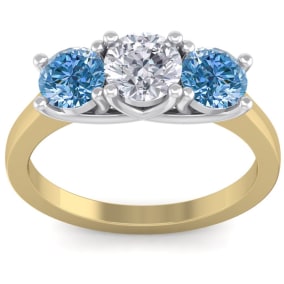 2 Carat White and Blue Diamond Three Diamond Ring In 14 Karat Yellow Gold