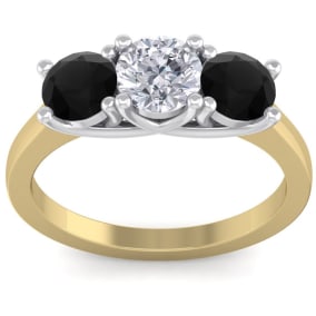 2 Carat White and Black Diamond Three Diamond Ring In 14 Karat Yellow Gold